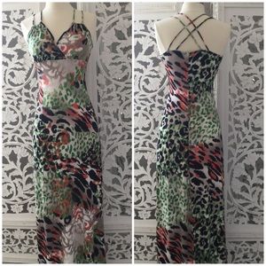 Green & Multicolored Leopard Print Maxi Dress NWOT